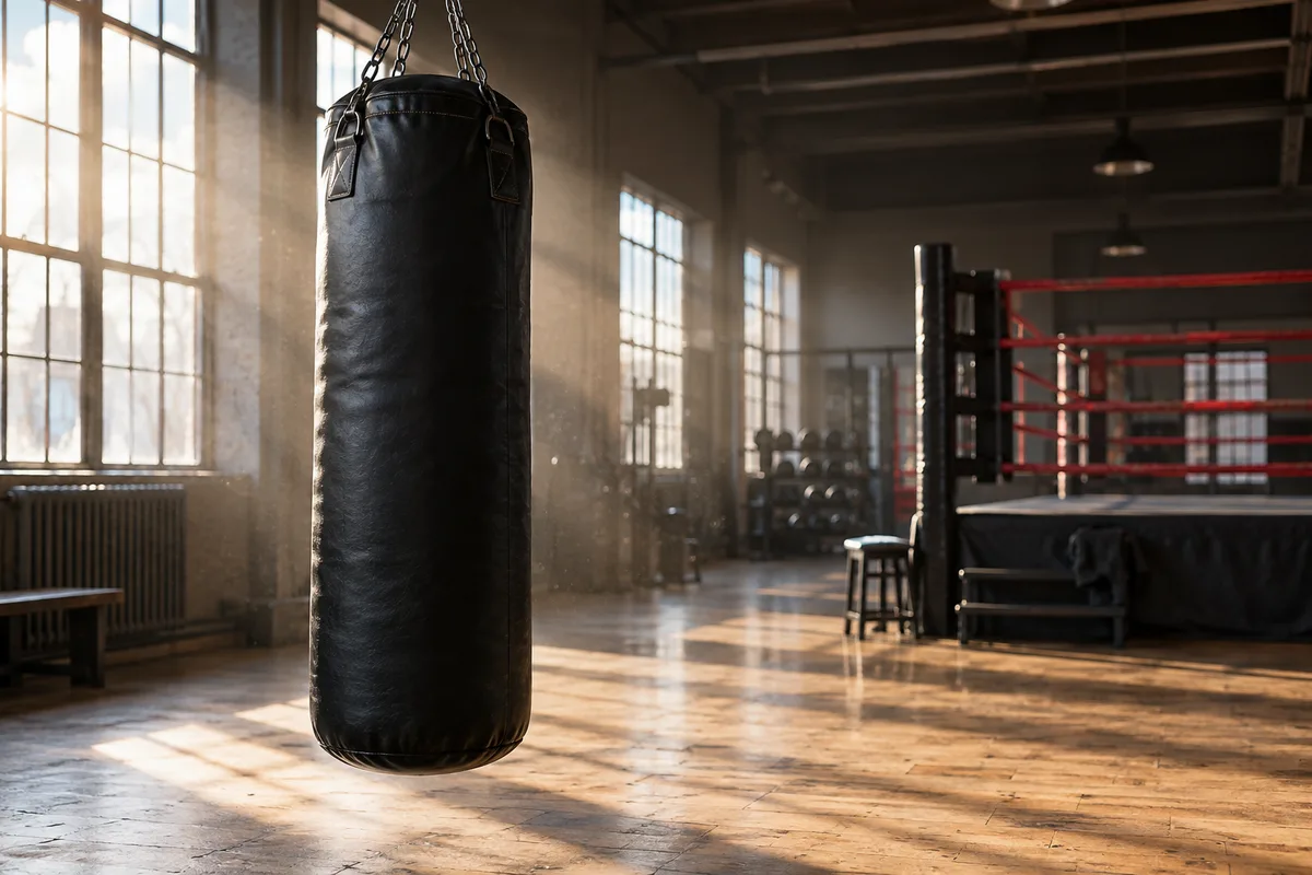 Salle d’entraînement vide au petit matin, sac de frappe noir suspendu devant un ring