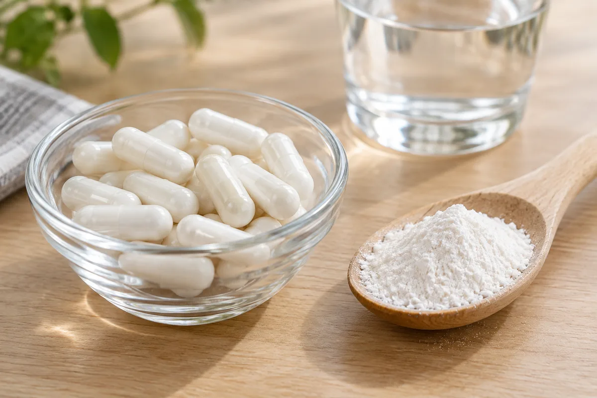 Coupelle de verre remplie de gélules blanches à côté d’une cuillère de poudre fine