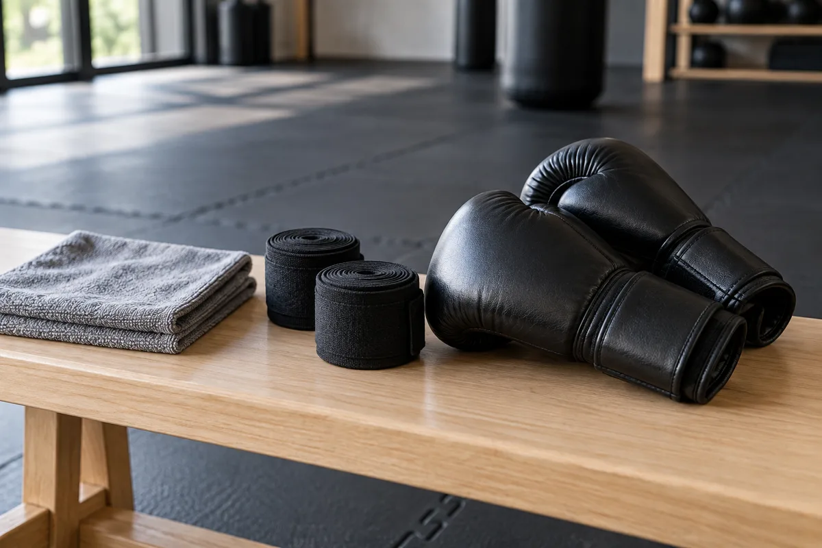 Chiffon microfibre et bandes de maintien roulées posés sur un banc à côté de gants de boxe