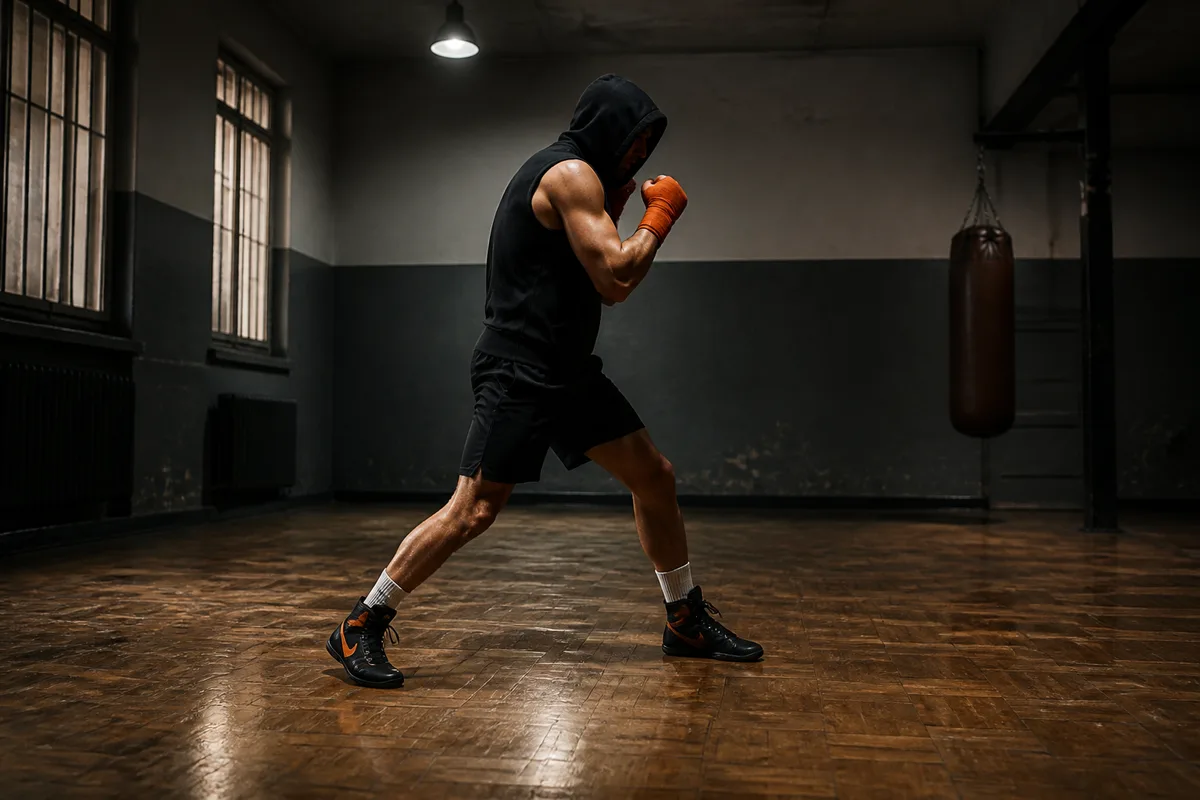Un boxeur en garde effectue un pas glissé latéral sur un parquet de salle d&rsquo;entraînement, pieds décalés, poids réparti, vu de profil