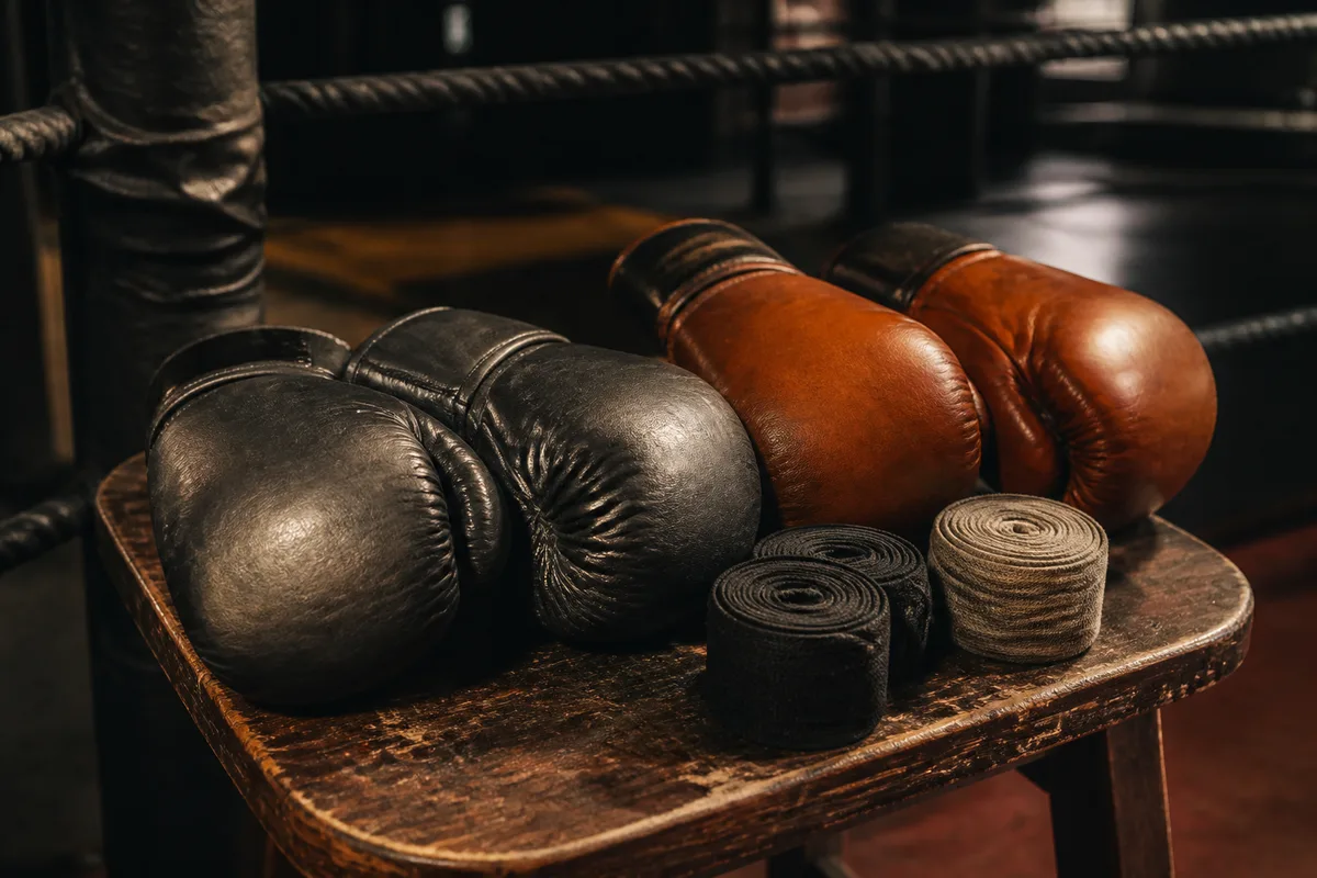 Deux paires de gants de boxe posées sur un tabouret de coin de ring, bandes de mains enroulées à côté, éclairage chaud