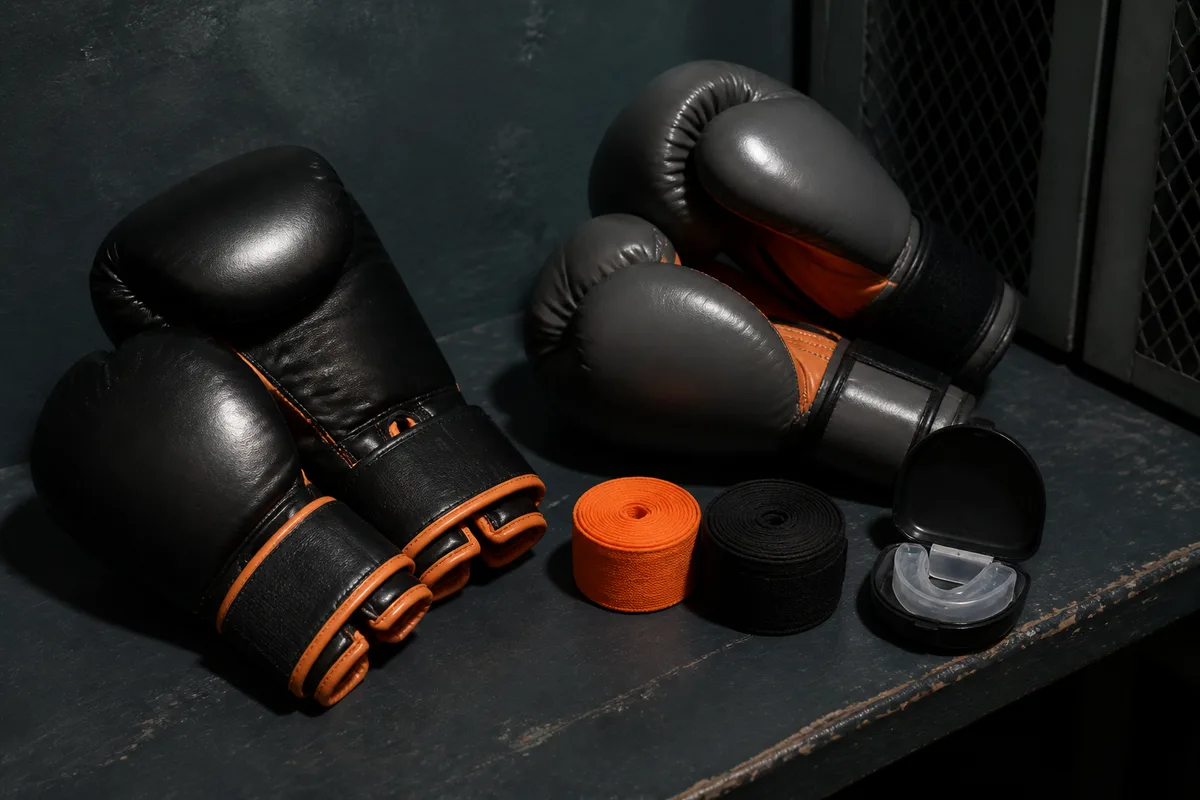 Deux paires de gants de boxe posées sur un banc de vestiaire à côté de bandes de mains enroulées et d’un protège-dents dans sa boîte