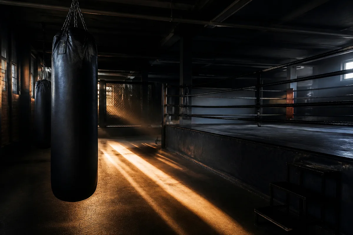 Salle de boxe sombre avec sac de frappe et ring vide